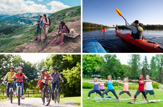People enjoying hiking, kayaking, outdoor yoga and biking in the summer